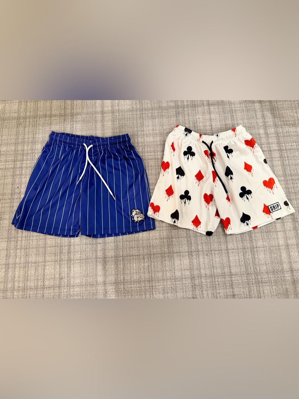Drip Shop Blue Pinstripe Kids Shorts with Bulldog Patch and Deck of Cards Print